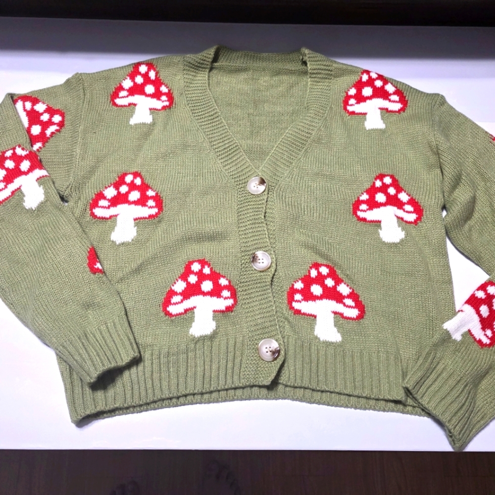 SHEIN Olive Cardigan with Red Mushroom Pattern